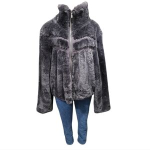Anthropologie Cropped Faux Fur Coat Dark Gray Lace Accent